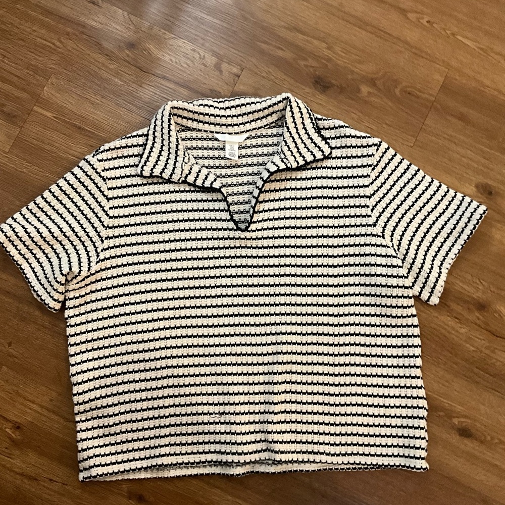 H&M Short Sleeve Striped Polo Top - White & Black